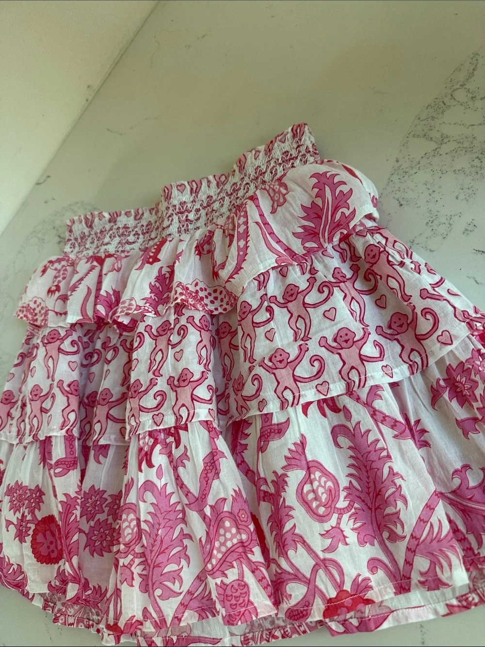 Roller Rabbit Kids Monkey/Jemina Sami Skirt Pink Smocked Tiered Ruffle Size 12